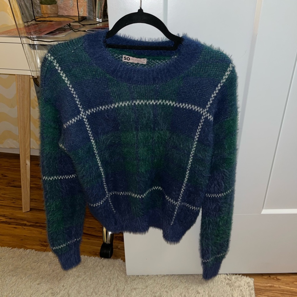 green and blue fuzzy cropped sweater